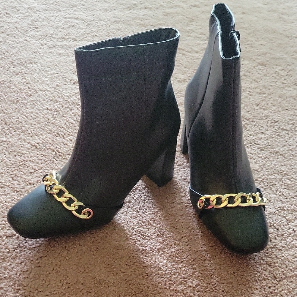 Brash Black and Gold Heeled Boots with Chain Detail